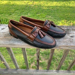 Black and Brown Paneled Florsheim Leather Tasseled Loafers supple 10.5 D